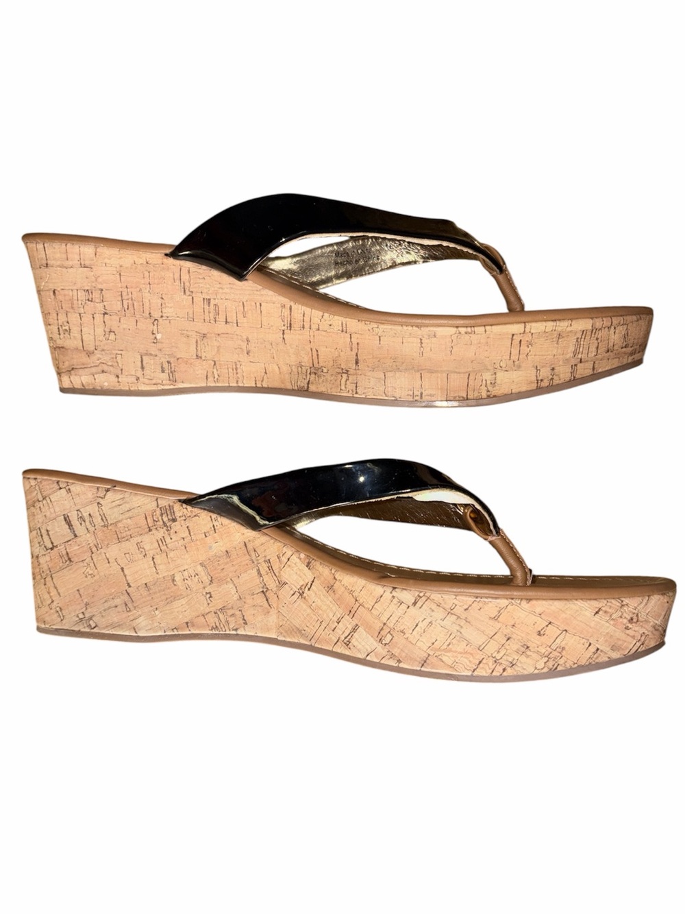 American Eagle Outfitters Black Patent Cork Wedge Flip Sandals 12 - Picture 3 of 6